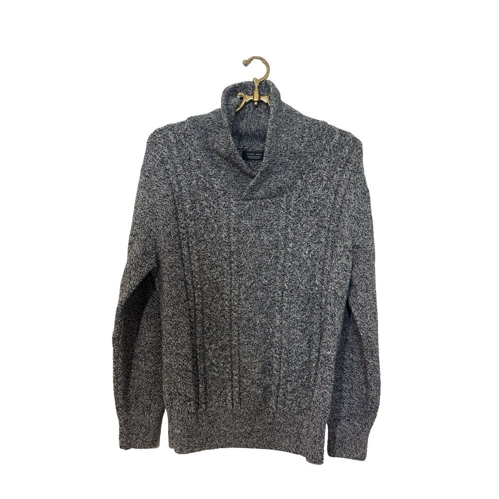 Zara Man Wool Blend Cable Knit Sweater Men's Size Medium Shawl‎ Collar Charcoal